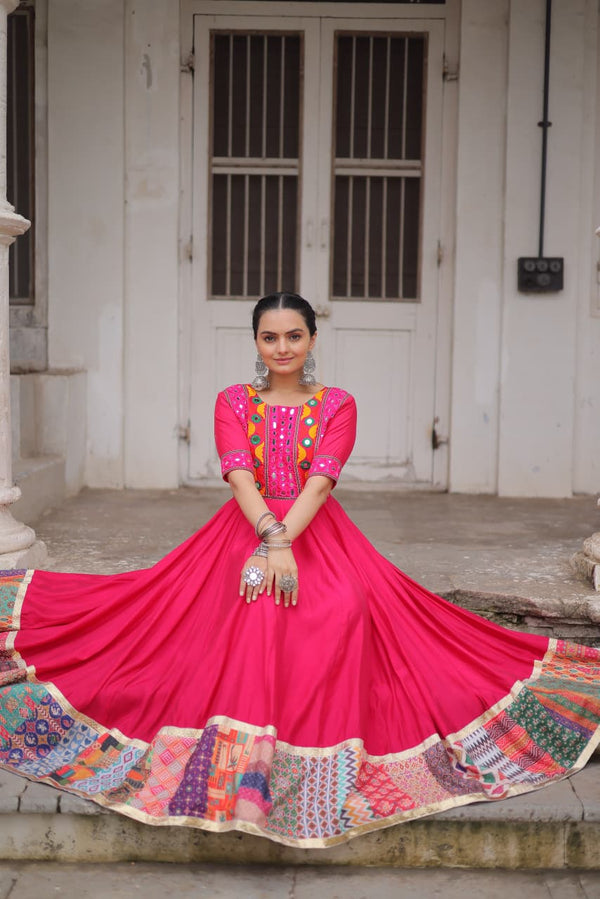 Lorenvalley Fashion Pink Roman Silk with Thread with mirror work & Maslin Crochet Print Work Gown