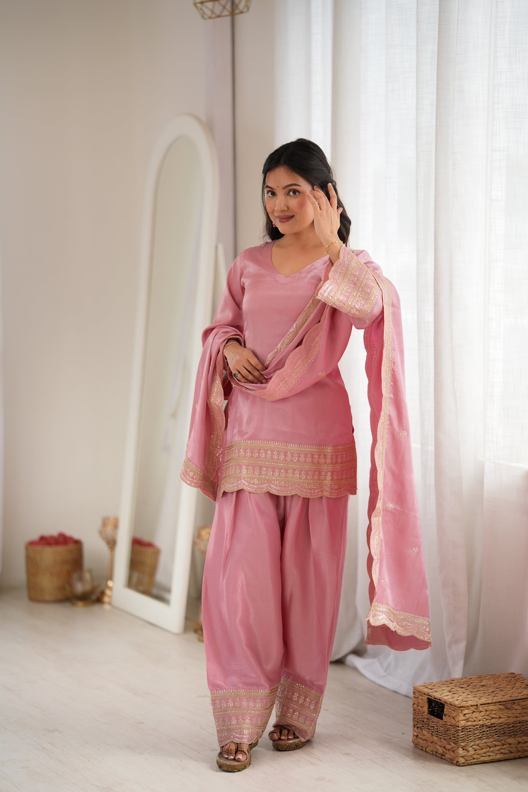 Lorenvalley Fashion Pink Glass Roman Silk with Embroidery Sequence Dori and Jari Work Kurta Farshi Salwar with Dupatta - Dista