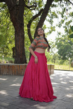 Thumbnail for Lorenvalley Pink Premium Rayon Lehenga with Georgette Embroidered Traditional Thread work Choli - Distacart