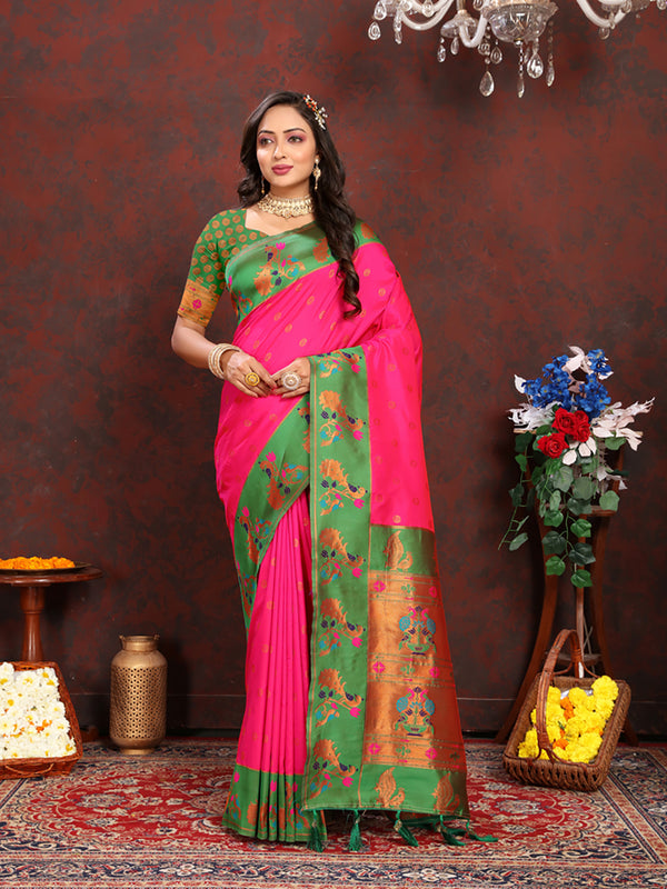 Lorenvalley Fashion Pink Soft Paithani Silk Woven Design Rich Zari Meenakari Weaving Saree - Distacart