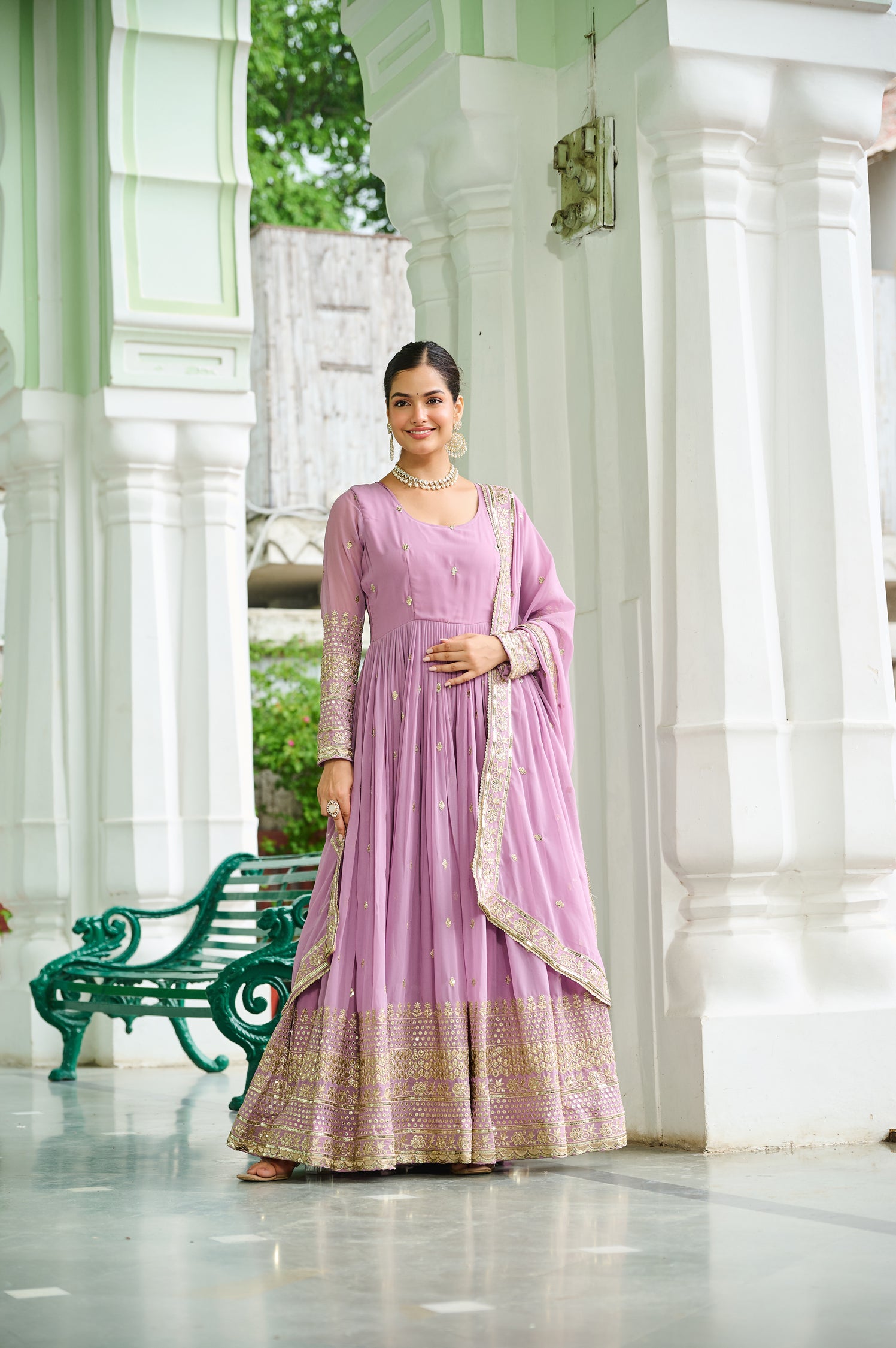 Lorenvalley Fashion Pink Faux Georgette with Embroidered work Anarkali Gown with Dupatta