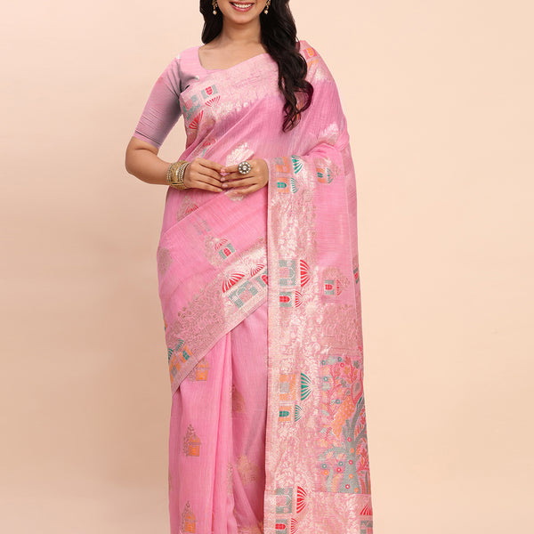 Anaita Pink Linen Woven Work Saree With Blouse - Distacart