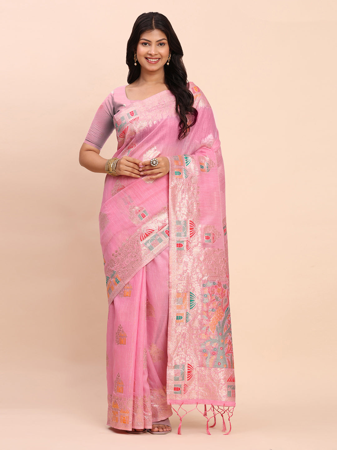 Anaita Pink Linen Woven Work Saree With Blouse - Distacart
