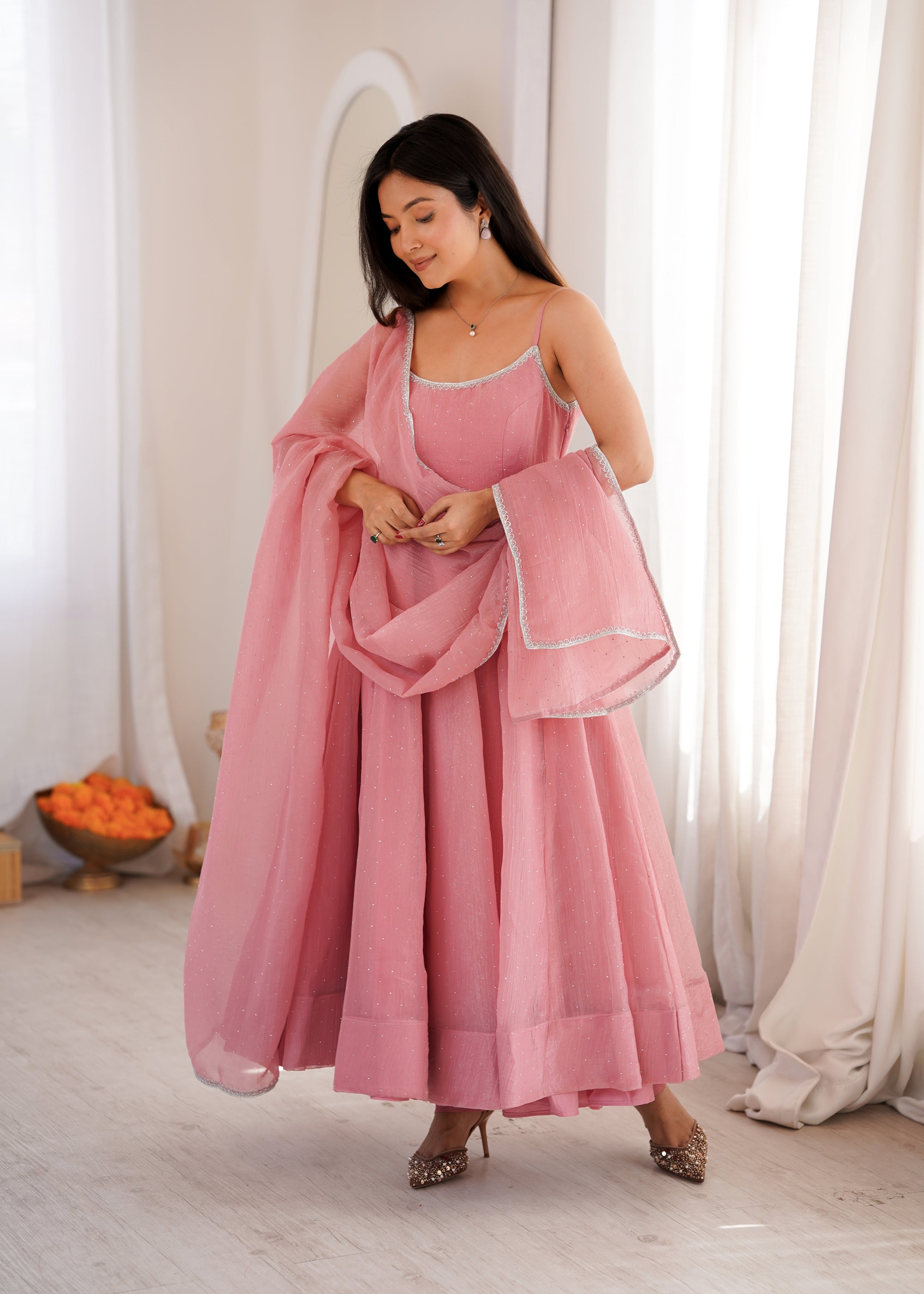 Lorenvalley Fashion Dusty Pink Crunchy Silk Fabric with Swarovski Work Anarkali Pant With Dupatta Set - Dista