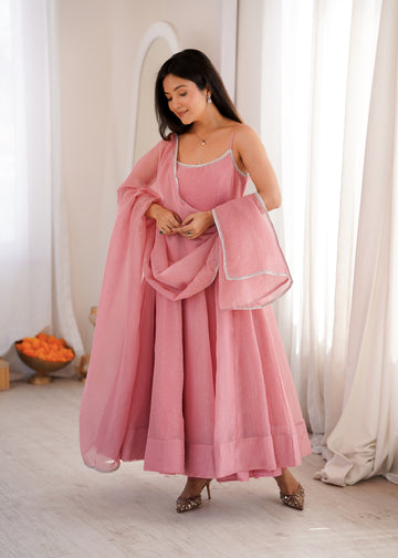 Lorenvalley Fashion Dusty Pink Crunchy Silk Fabric with Swarovski Work Anarkali Pant With Dupatta Set - Dista