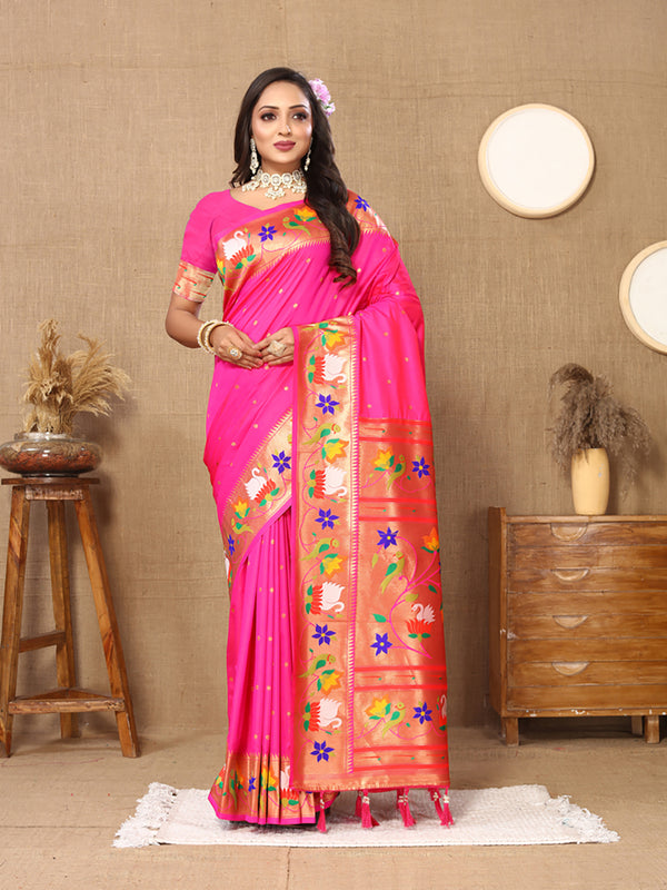 Lorenvalley Fashion Pink Soft Paithani Silk Woven Design Rich Zari Meenakari Weaving Saree - Distacart