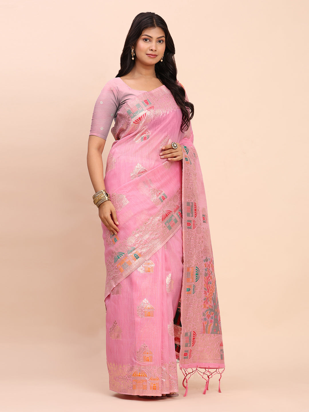 Anaita Pink Linen Woven Work Saree With Blouse - Distacart