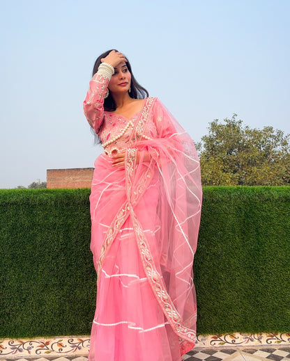 Evanik Pink Net Embroidery work Saree with Moti Hand work Blouse - Distacart