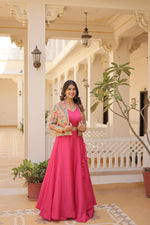 Thumbnail for Lorenvalley Pink Premium Chinnon Lehenga Choli with Jacquard Woven Design Koti - Distacart