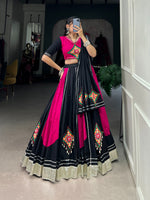 Thumbnail for Lorenvalley Pink and Black Plain With Gamthi Patch Work & Gota Patti Lace also cowrie (kodi) lace touch up Lehenga Choli - Distacart