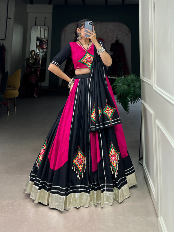Lorenvalley Pink and Black Plain With Gamthi Patch Work & Gota Patti Lace also cowrie (kodi) lace touch up Lehenga Choli - Distacart