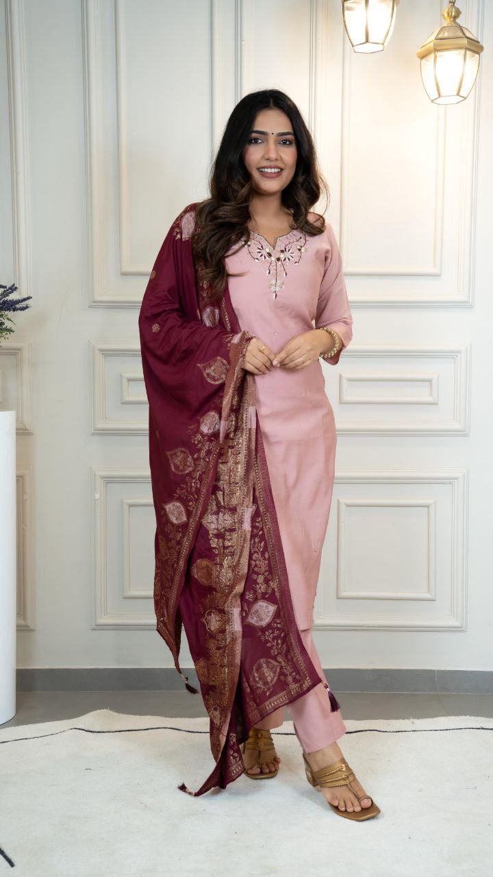 Lorenvalley Fashion Pink Roman Silk Hand Work Kurta Pant with Dupatta