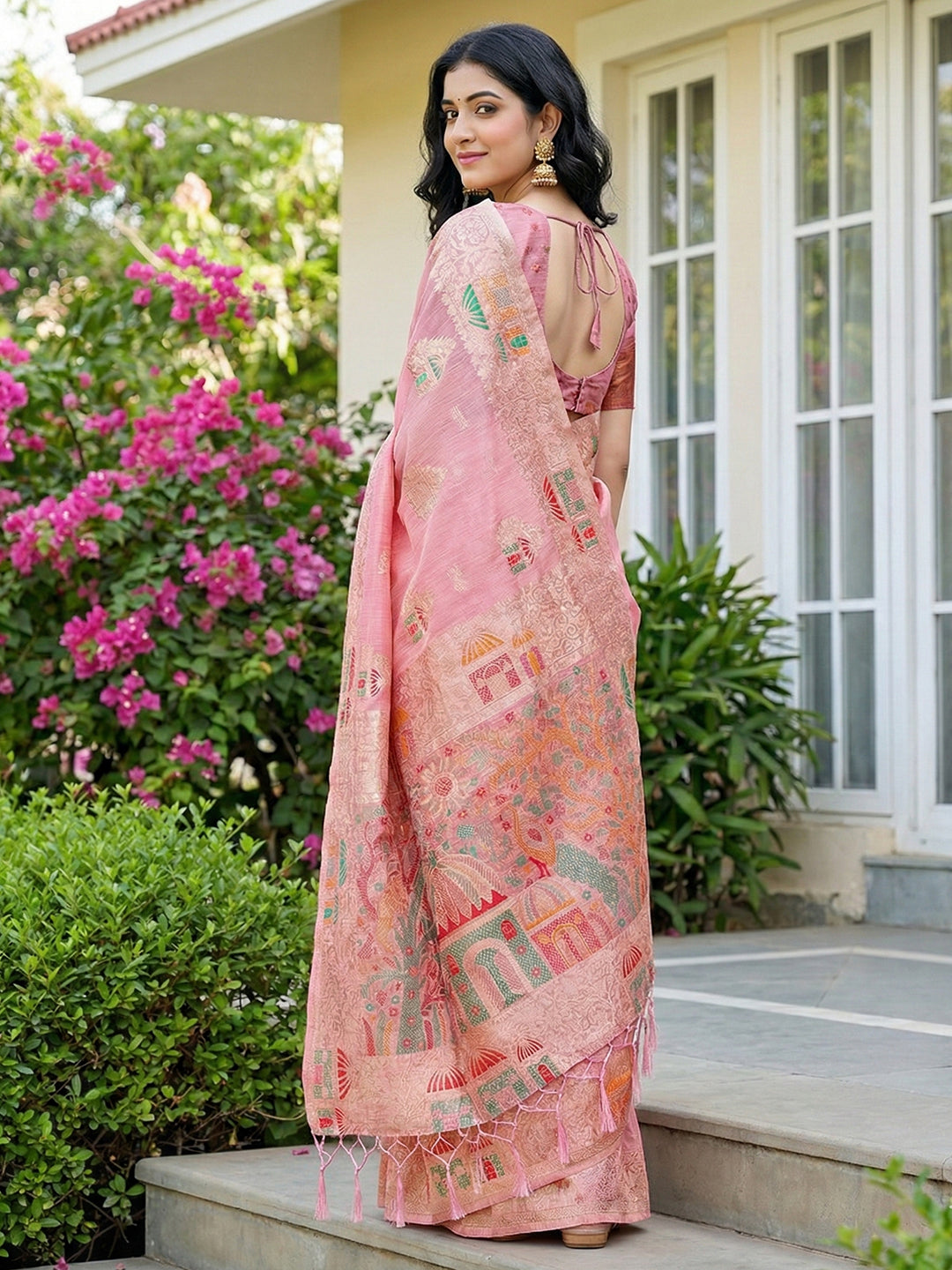 Anaita Pink Linen Woven Work Saree With Blouse - Distacart