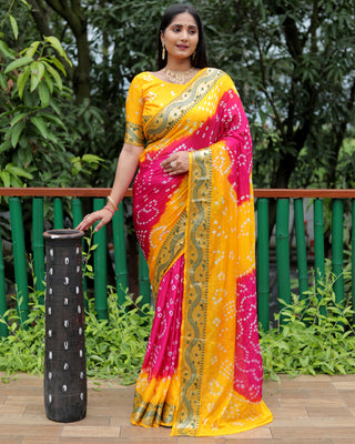 Lorenvalley Premium Pure Bandhej Tapeta Soft light weight silk saree with zari weaving Border - Multicolor - Distacart
