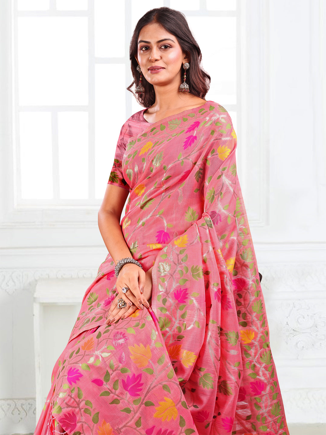 Anaita Pink Linen Printed Saree With Blouse - Distacart
