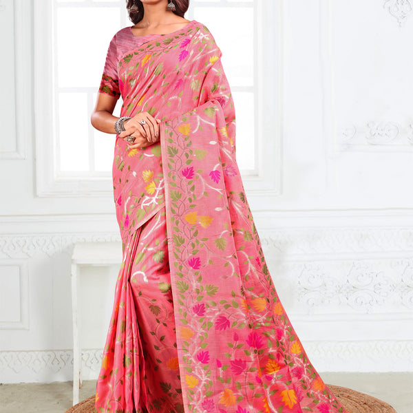 Anaita Pink Linen Printed Saree With Blouse - Distacart