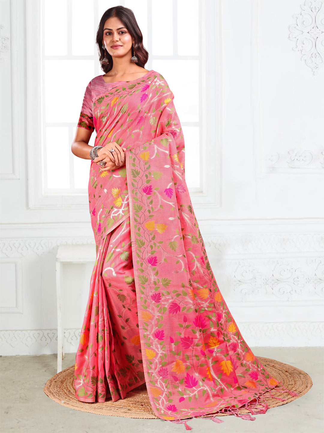 Anaita Pink Linen Printed Saree With Blouse - Distacart