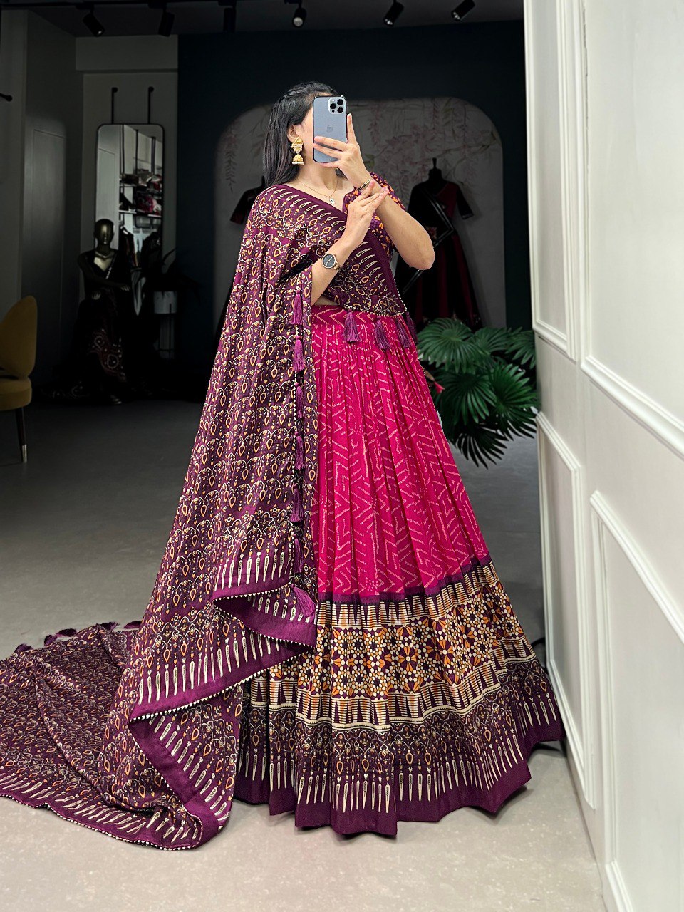 Lorenvalley Pink Tussar Silk Bandhej And Ajarakh Print Lehenga Choli with Dupatta - Distacart