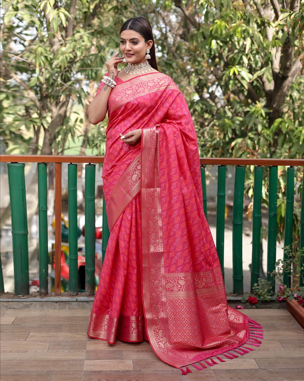 Lorenvalley Premium Bandhej Patola Silk Sarees with kanchi Borders and Contrast Zari Weaving borders Saree - Pink - Distacart