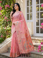 Thumbnail for Anaita Pink Linen Woven Work Saree With Blouse - Distacart