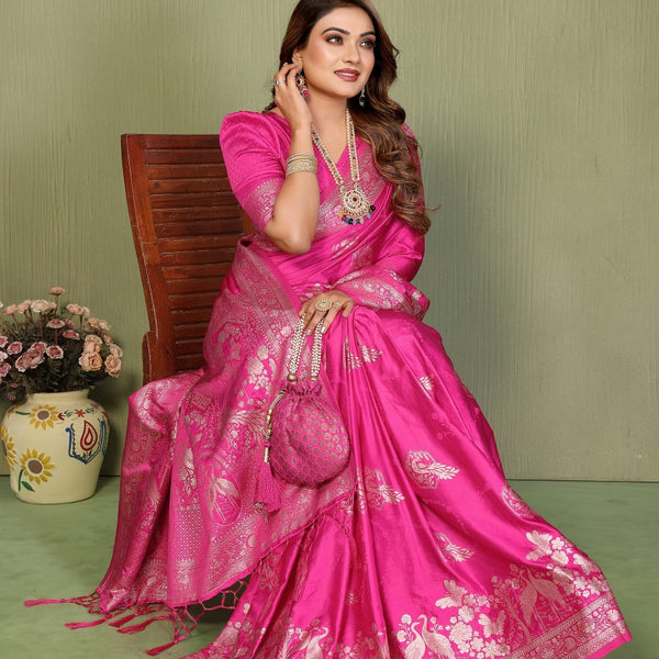 Anaita Pink Zari Butta Work Satin Silk Saree With Blouse - Distacart