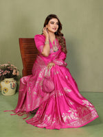 Thumbnail for Anaita Pink Zari Butta Work Satin Silk Saree With Blouse - Distacart