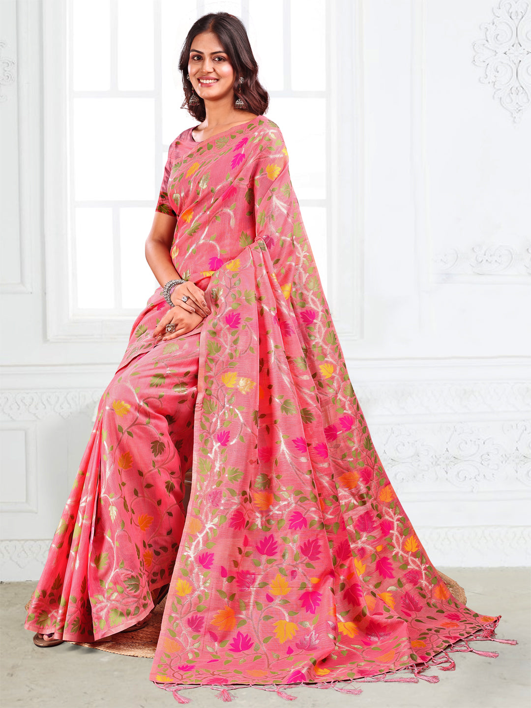 Anaita Pink Linen Printed Saree With Blouse - Distacart