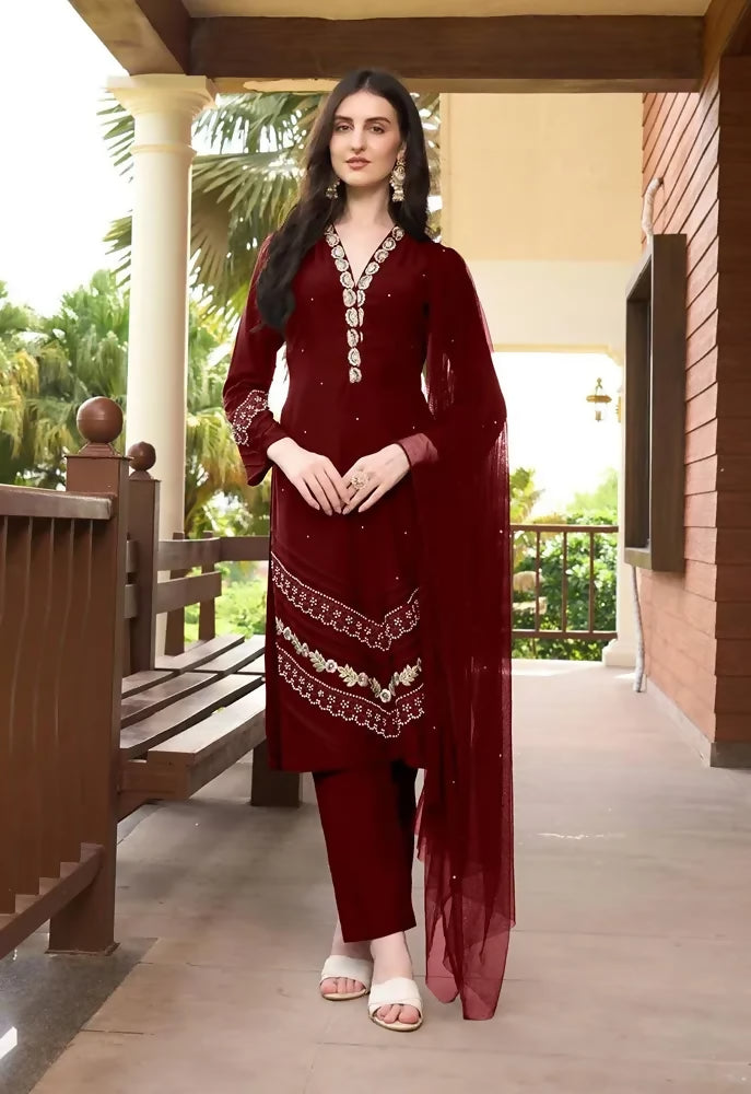 Nikhaar Maroon Embroidered Art Silk Straight Cut Readymade Pakistani Suit