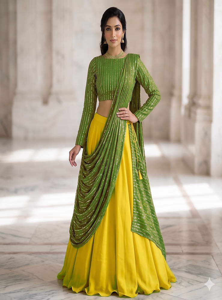 Teeya Creation Women's New Green Designer Lehenga Choli Set with Sequin Embroidery Work - Dista