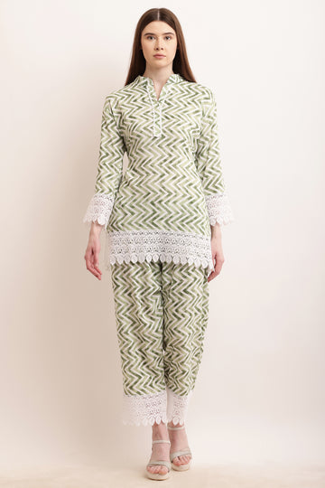 PAVONINE Pista Color Zig-Zag Printed with Lace Inserted Cord Set For Women - Distacart