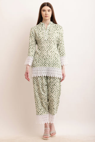 PAVONINE Pista Color Zig-Zag Printed with Lace Inserted Cord Set For Women - Distacart