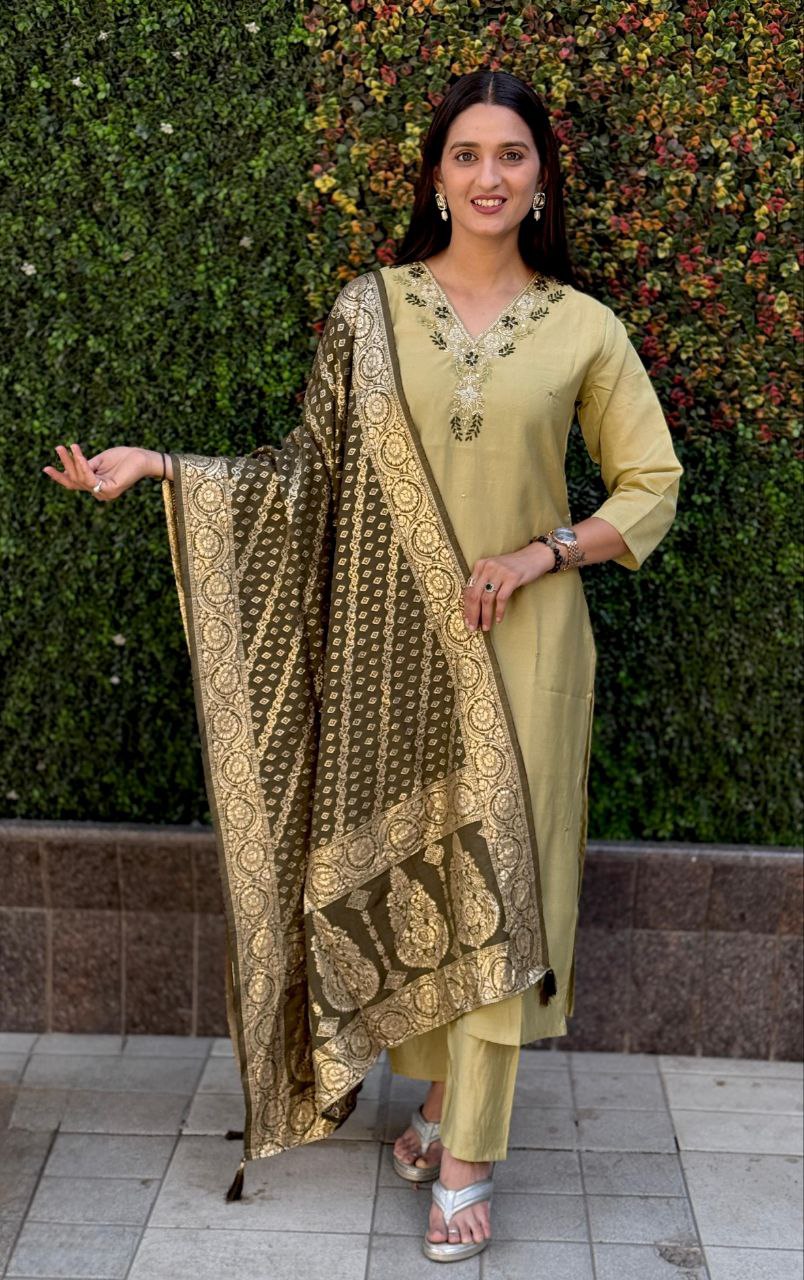 Lorenvalley Fashion Pista Roman Silk Hand Work Kurta Pant with Dupatta