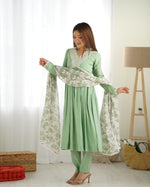 Thumbnail for Lorenvalley Pista Roman Silk Chanderi Fabric Fit Nyra Cut Kurta Pant With Dupatta Set - Distacart
