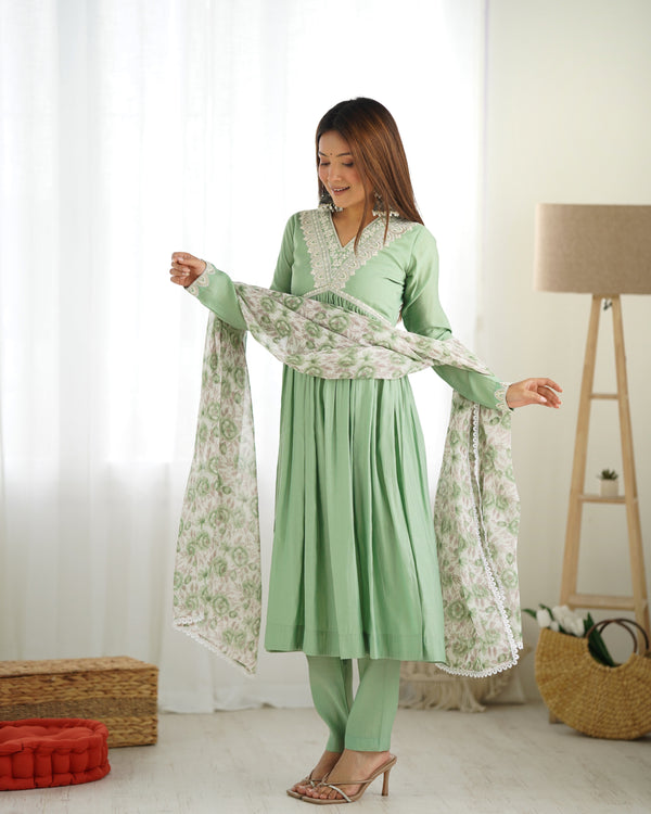 Lorenvalley Pista Roman Silk Chanderi Fabric Fit Nyra Cut Kurta Pant With Dupatta Set - Distacart