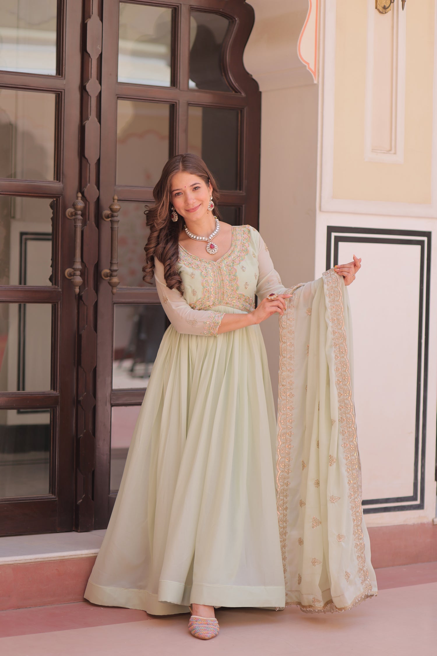 Lorenvalley Fashion Pista Star Georgette with Beads & Sequins Multi Embroidered work Anarkali Gown with Dupatta