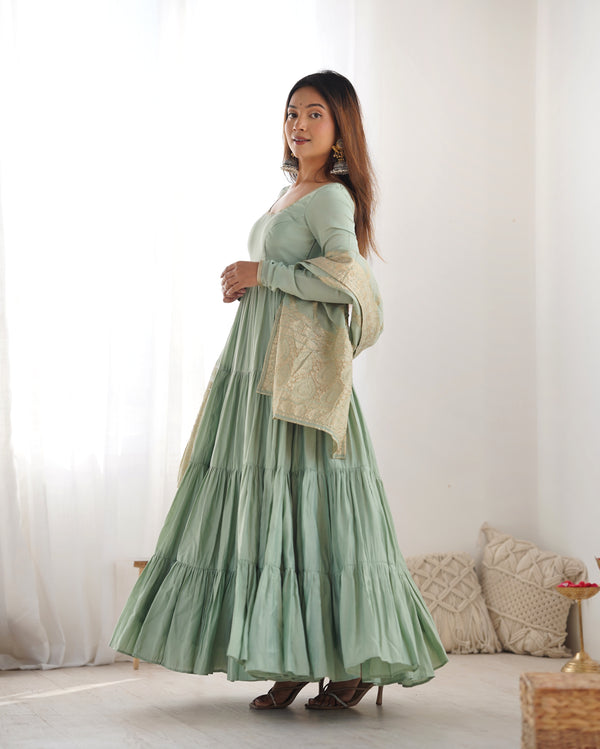 Lorenvalley Women Pure Roman silk Chanderi Fabric Layer Gathering Anarkali Kurta Pant With Dupatta Set - Distacart