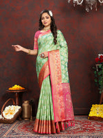 Thumbnail for Lorenvalley Fashion Pista Organza Silk Woven Design with Rich Meenakari Weaving Pallu Saree - Distacart
