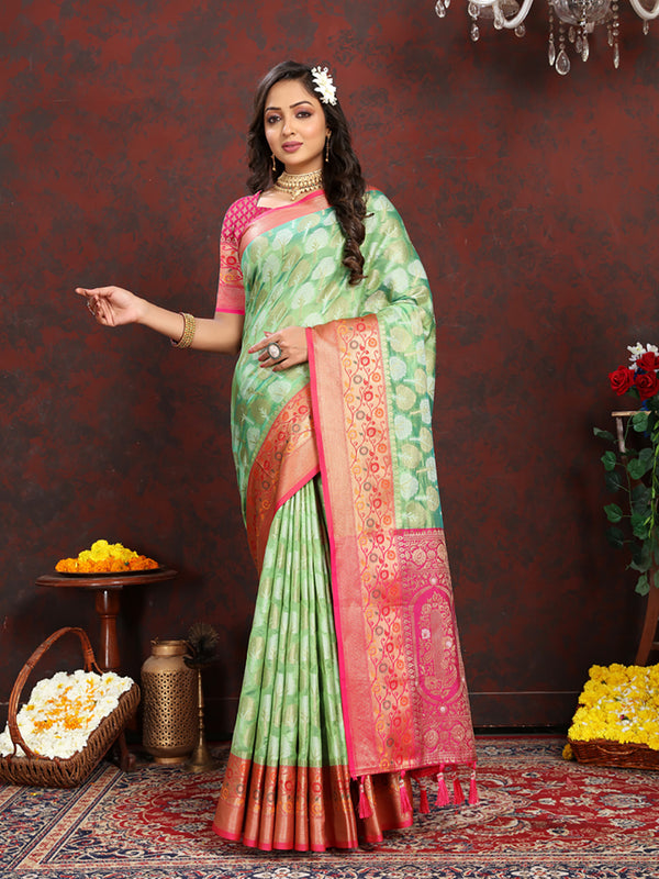 Lorenvalley Fashion Pista Organza Silk Woven Design with Rich Meenakari Weaving Pallu Saree - Distacart