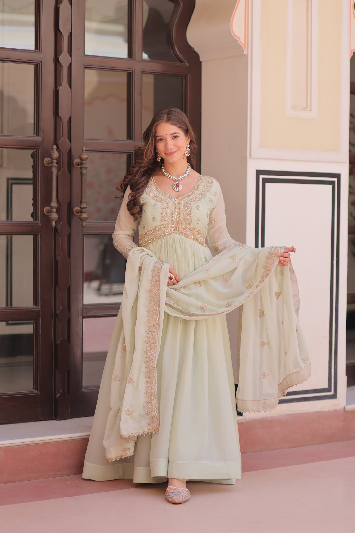 Lorenvalley Fashion Pista Star Georgette with Beads & Sequins Multi Embroidered work Anarkali Gown with Dupatta