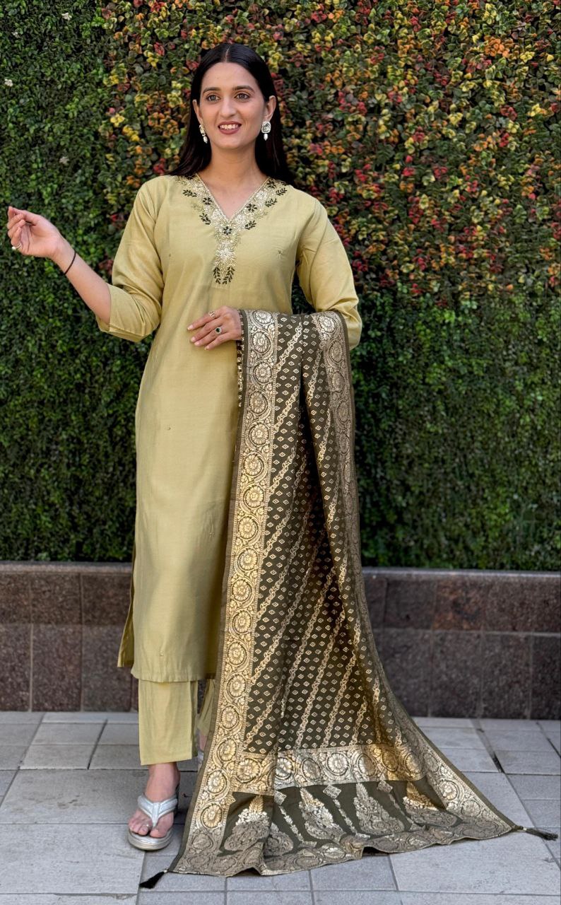 Lorenvalley Fashion Pista Roman Silk Hand Work Kurta Pant with Dupatta
