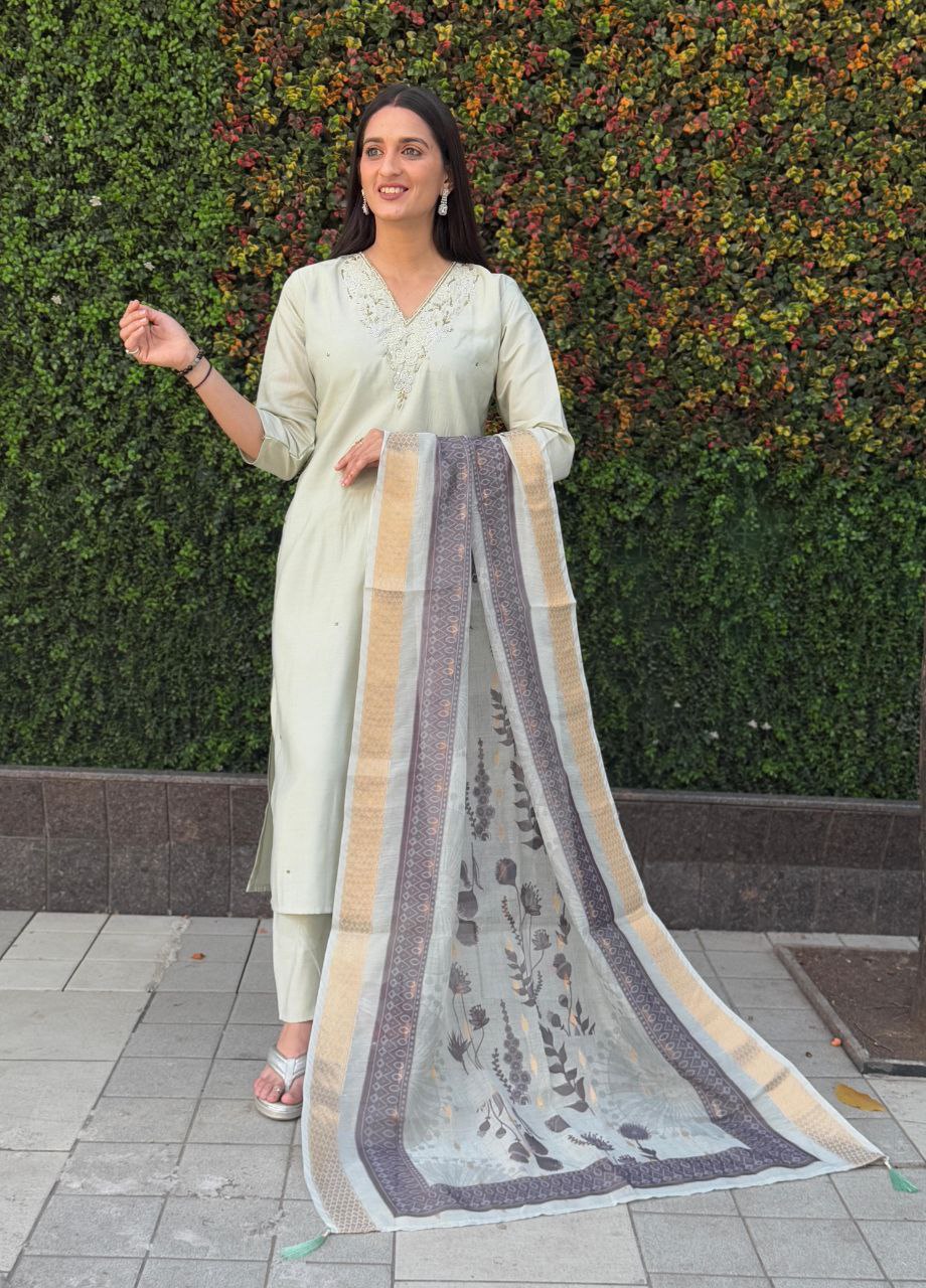 Lorenvalley Fashion Pista Roman Silk Hand Work Kurta Pant with Dupatta