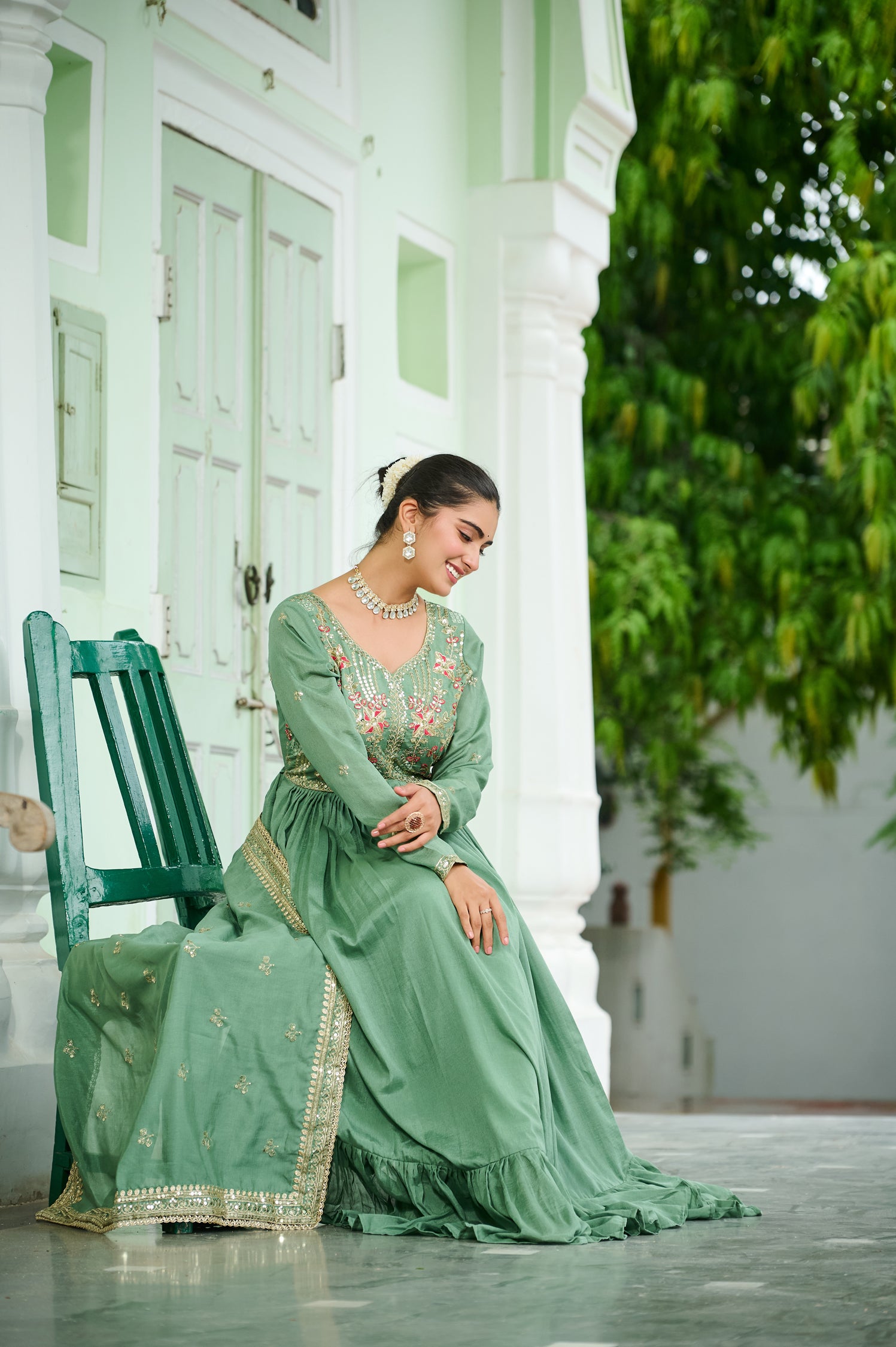 Lorenvalley Fashion Pista Vichitra Silk with Embroidered Zari & Thread work Anarkali Gown with Dupatta