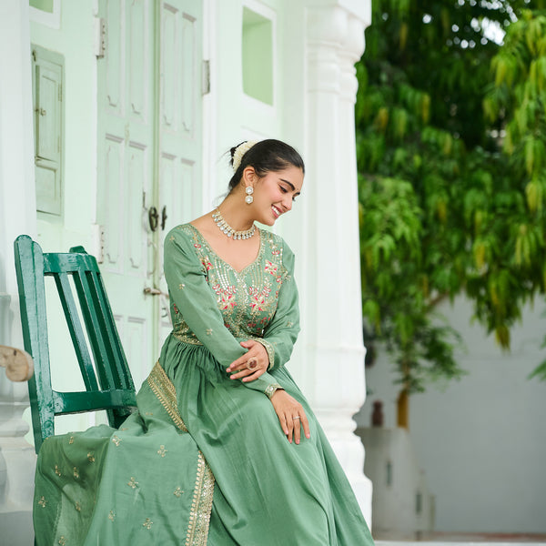 Lorenvalley Fashion Pista Vichitra Silk with Embroidered Zari & Thread work Anarkali Gown with Dupatta