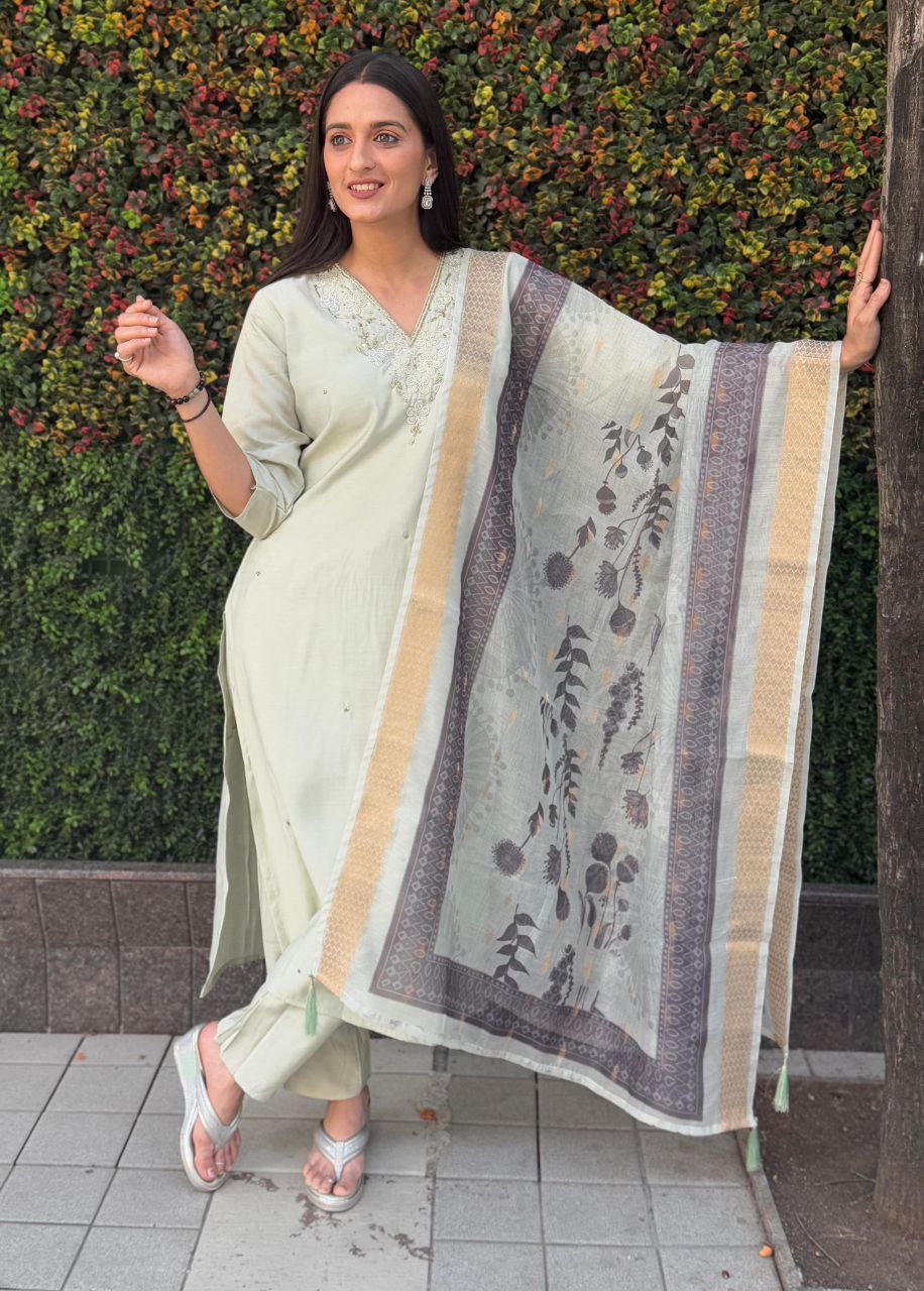 Lorenvalley Fashion Pista Roman Silk Hand Work Kurta Pant with Dupatta
