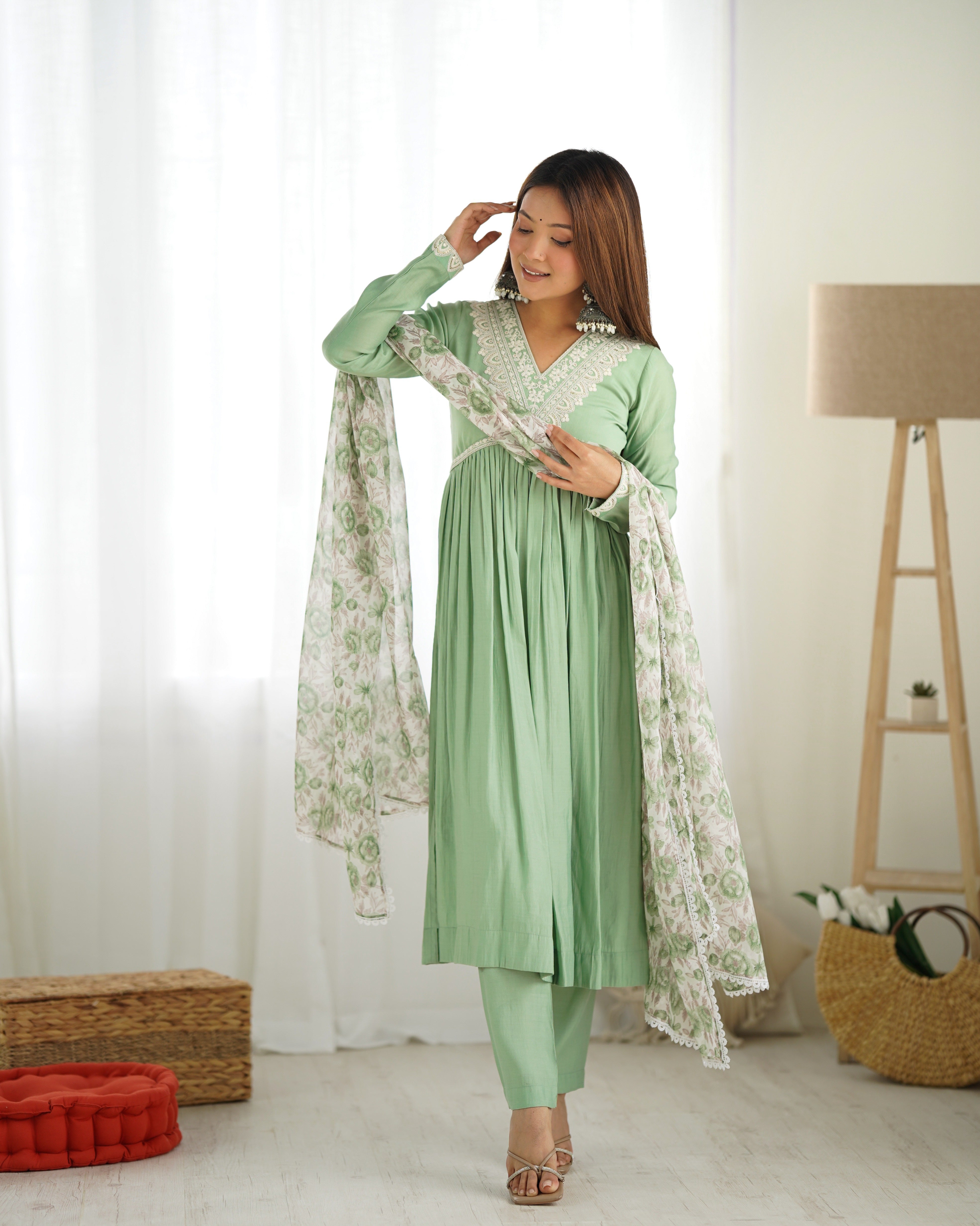 Lorenvalley Pista Roman Silk Chanderi Fabric Fit Nyra Cut Kurta Pant With Dupatta Set - Distacart