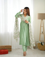 Thumbnail for Lorenvalley Pista Roman Silk Chanderi Fabric Fit Nyra Cut Kurta Pant With Dupatta Set - Distacart