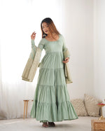 Thumbnail for Lorenvalley Women Pure Roman silk Chanderi Fabric Layer Gathering Anarkali Kurta Pant With Dupatta Set - Distacart