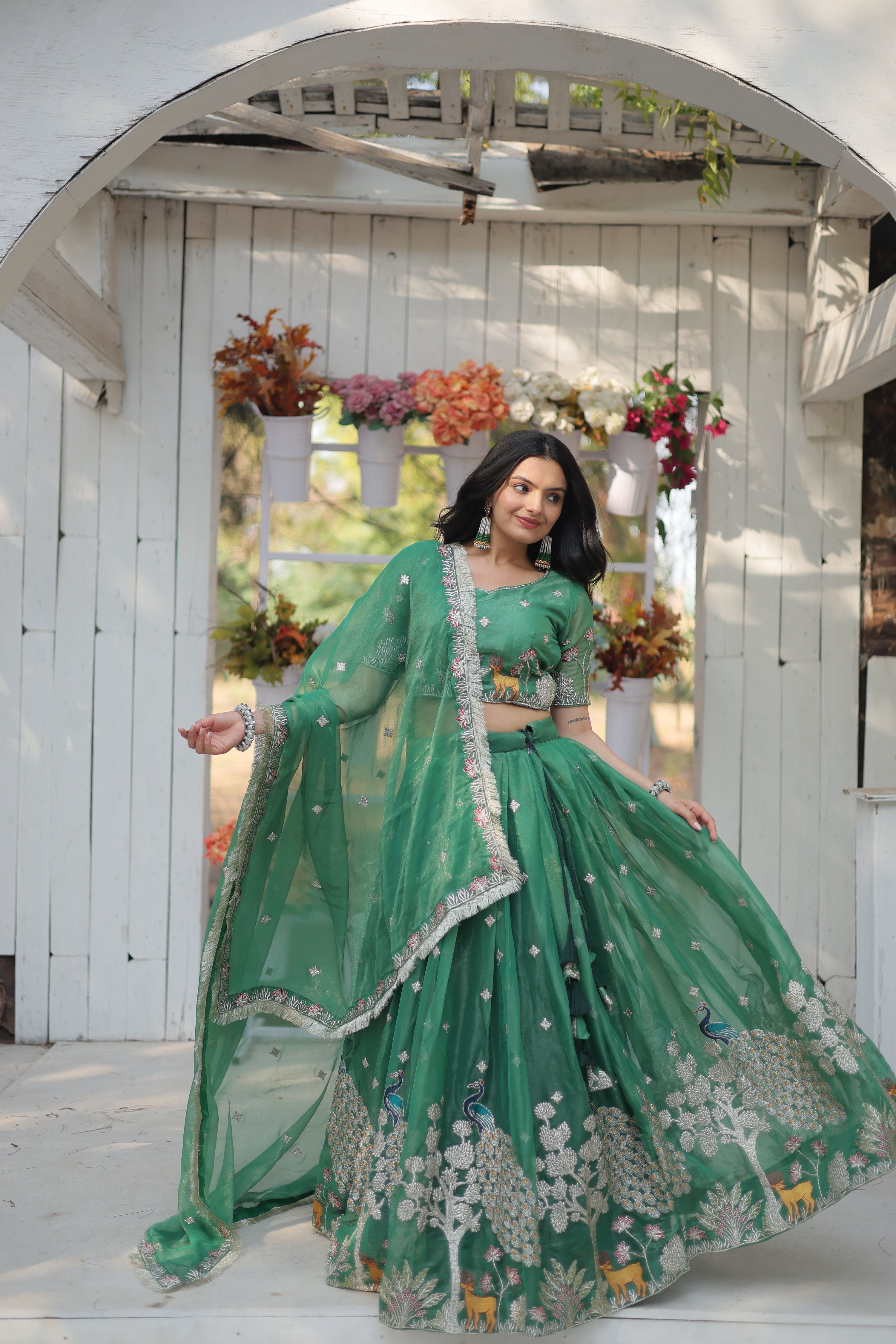 Lorenvalley Pista Gold Coin Fabric with Sequins and Thread Embroidered work Lehenga Choli with Dupatta - Distacart