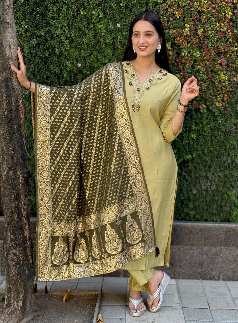 Lorenvalley Fashion Pista Roman Silk Hand Work Kurta Pant with Dupatta