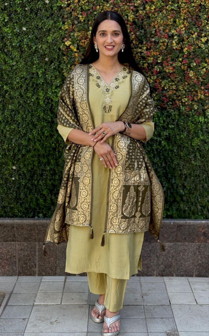Lorenvalley Fashion Pista Roman Silk Hand Work Kurta Pant with Dupatta